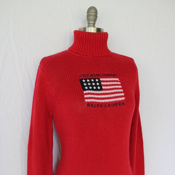 Ralph Lauren POLO Red embroidered flag American turtleneck tunic sweater RRL L - Picture 3 of 9